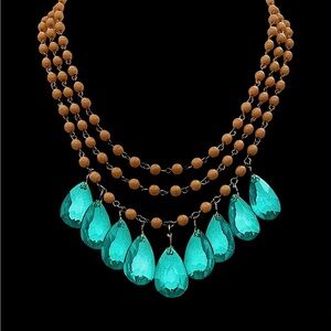 David Aubrey Artisan Layered Triple Beaded Strand Teal Green 18K Gold Necklace